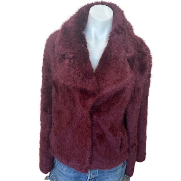 Unreal Fur Burgundy Faux Fur Jacket LARGE Formal Glam Teddy Coat Designer $339 - Picture 3 of 10